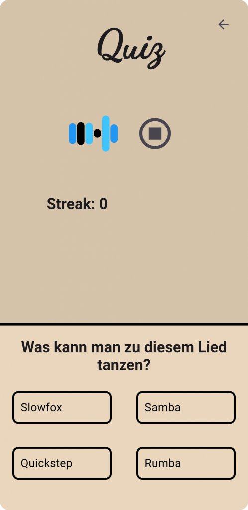 Screenshot aus der Dancebeat App. Der User hat 4 Auswahlmöglichkeiten an Standardtänzen, und muss entscheiden, welchen der Tänze man zu dem abgespielten Lied tanzen kann.