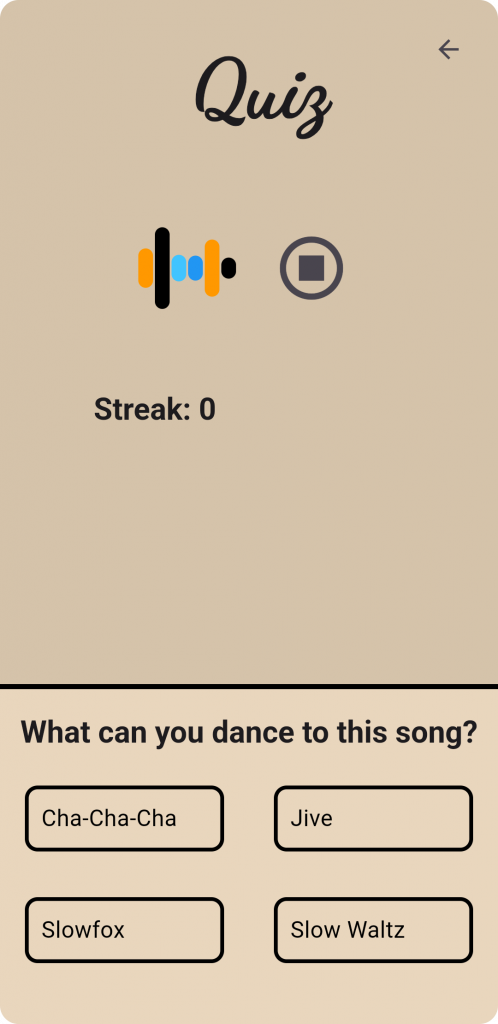 A screenshot from the dancebeat app. It shows a quiz where the user has to select the ballroom dances one can dance for the song being played. 