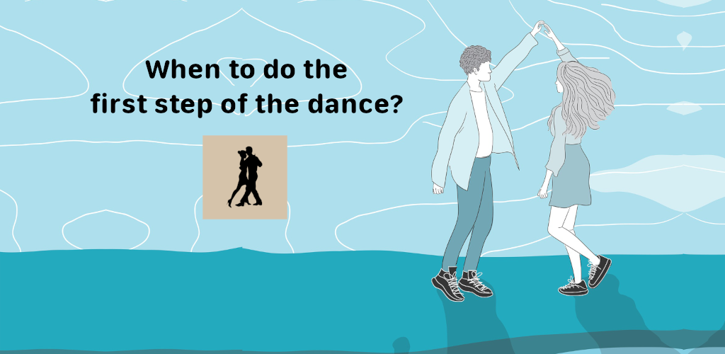 Feature graphic of the Dancebeat app. A couple is dancing a ballroom dance. Next to it, there is the question "When to do the first step of the dance?"