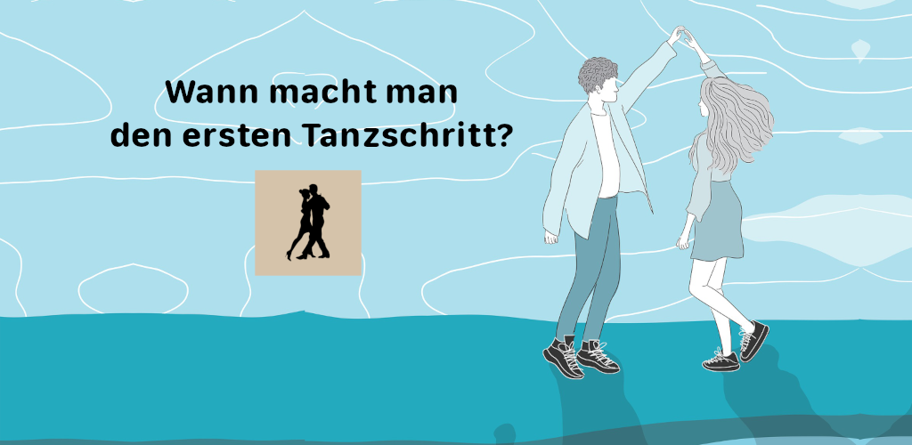 Feature Grafik der Dancebeat App: Man sieht ein tanzendes Paar, deneben ist die Schrift "Wann macht man den ersten Tanzschritt?" zu sehen