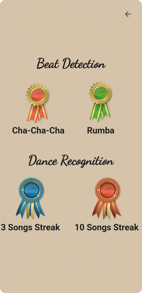 Screenshot of the dancebeat app. It shows the medal board, in which the user has unlocked medals in both, the dance cue detection as well as the dance recognition categories.