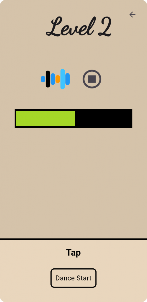 Screenshot of the dancebeat app. It shows level 2 of a dance category in the app, where the user can practice to recognize dance start times. For that, he can tap on a button in the page, receiving if he accurately hit the dance start time.