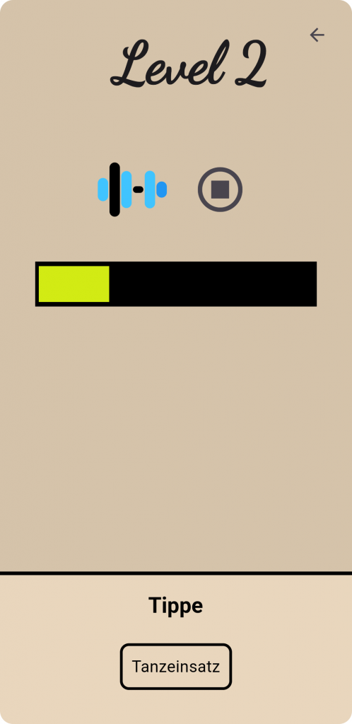 Screenshot aus der Dancebeat App. Zu sehen ist das 2. Level einer Tanzkategorie. Der Nutzer kann auf einen Button drücken, wenn er denkt, dass der richtige Zeitpunkt für einen Tanzeinsatz gekommen ist. 